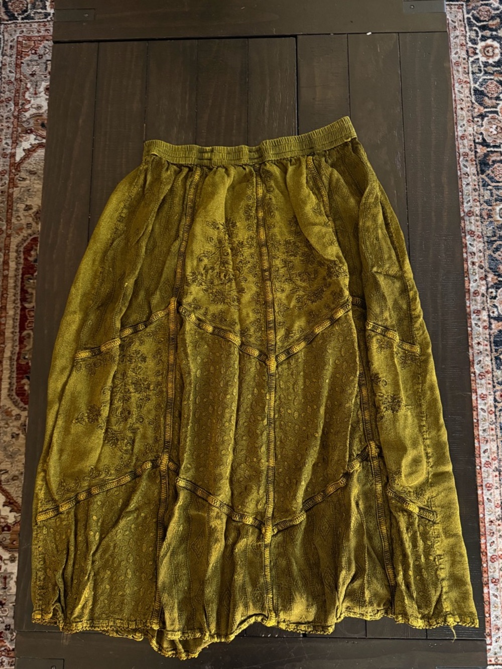Vintage Olive Green Patchwork Embroidered Boho Midi Skirt